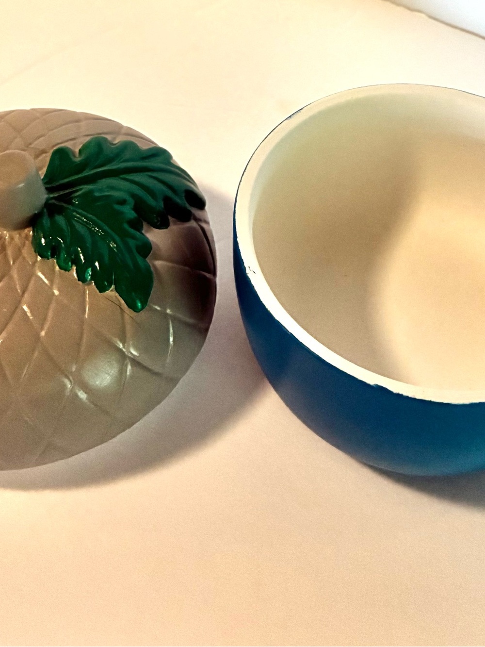 Acorn-Shaped Blue & Gray Decorative Container with Green Leaf Accent - Picture 4 of 5